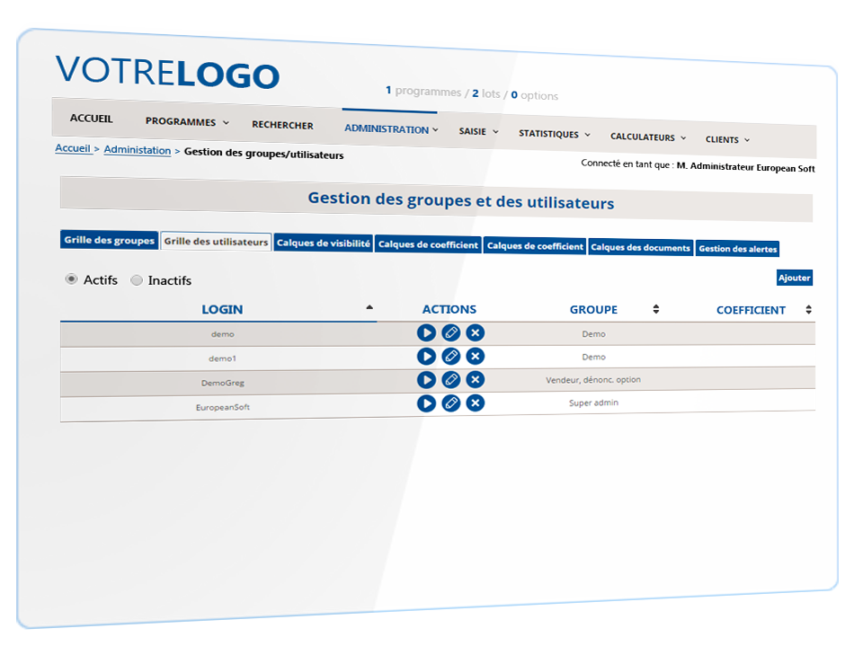 copie d'écran Logissimmo : gestion des utilisateurs